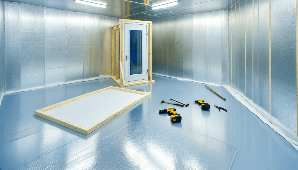 תמונה של חדר הקפאה בשלבי בנייה, עם קירות מבודדים, רצפת מתכת, ודלת עבה.