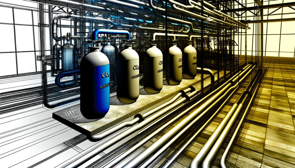 תמונה של מערכת קירור תעשייתית מבוססת CO2 בתוך מפעל, עם צינורות גלויים ומיכלי גז מסומנים.