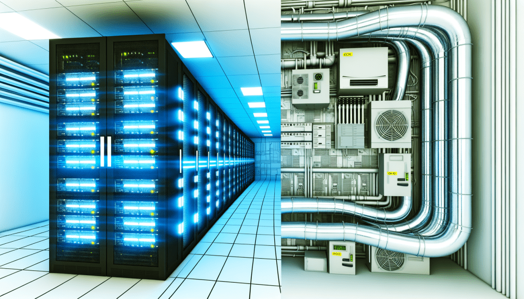 תמונה של חדר שרתים עם מערכות מיזוג אוויר מתקדמות, כולל צינורות קירור וקופסאות בקרת אקלים.