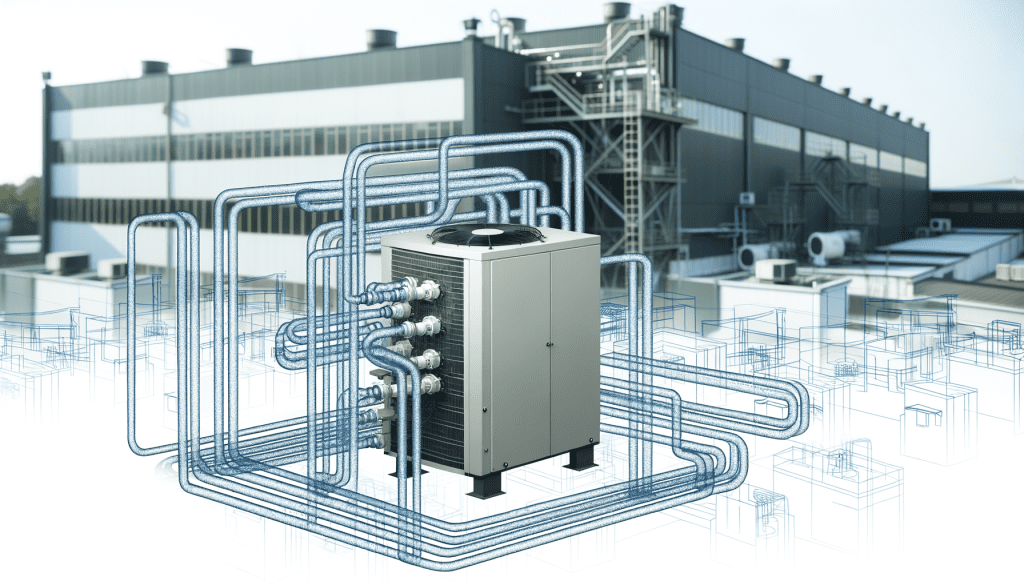 יחידת צ'ילרים לקירור תעשייתי מותקנת מחוץ למפעל, עם צינורות מים מחוברים