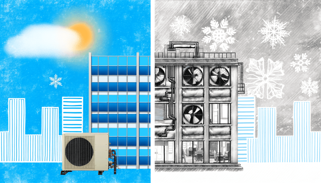תמונה מפוצלת: בצד שמאל, יחידת מיזוג אוויר תעשייתית מקררת משרד ביום שמשי, ובצד ימין, אותו מבנה עם מערכת חימום הפועלת בחורף.