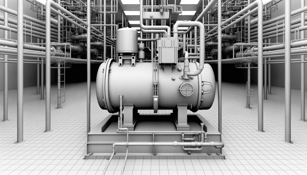תמונה של מדחס קירור גדול בתוך מערכת קירור תעשייתית, כשהוא מחובר לצינורות והמערכת פועלת.