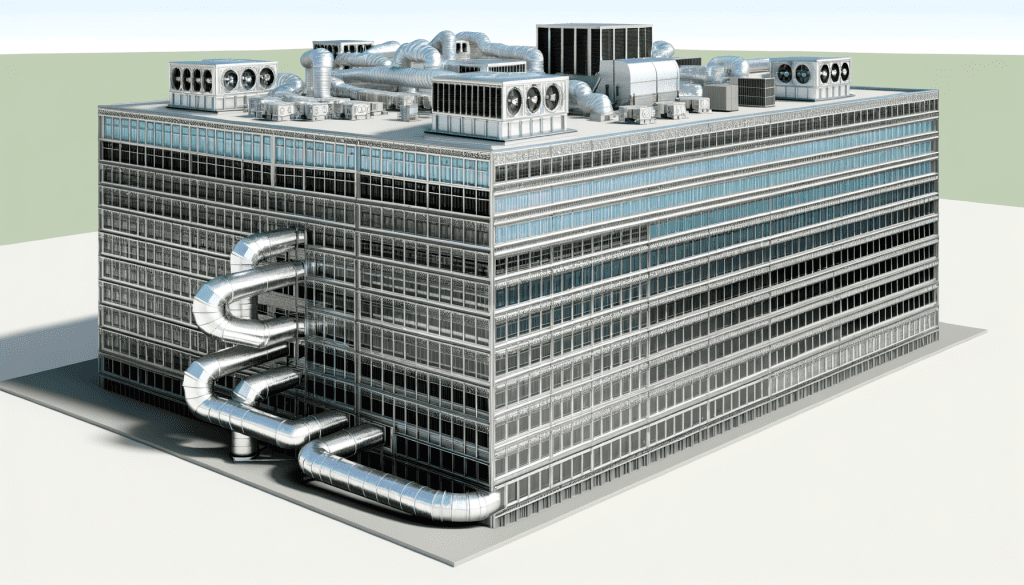 מבנה משרדים גדול עם יחידות מיזוג גגיות וצינורות חיצוניים, המדגישים את גודל המערכת ואת יכולתה לווסת טמפרטורות במרחבים גדולים.