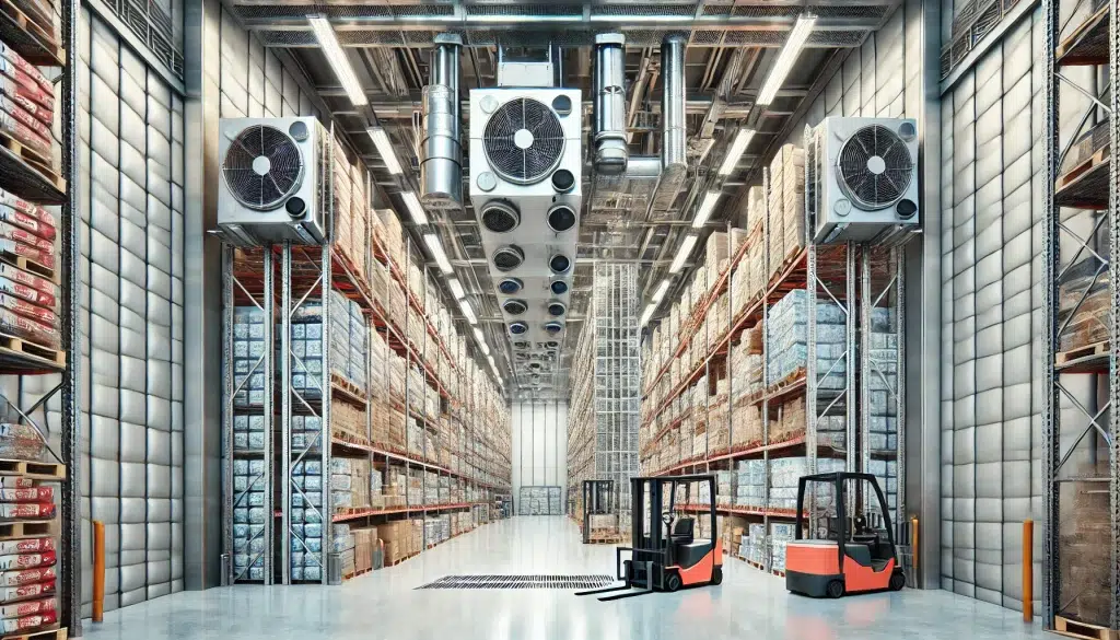 DALL·E 2025 01 22 13.46.18 A highly detailed and realistic industrial cold storage room. The room features large insulated walls and heavy duty cooling units hanging from the ce DALL·E 2025 01 22 13.46.18 A highly detailed and realistic industrial cold storage room. The room features large insulated walls and heavy duty cooling units hanging from the ce