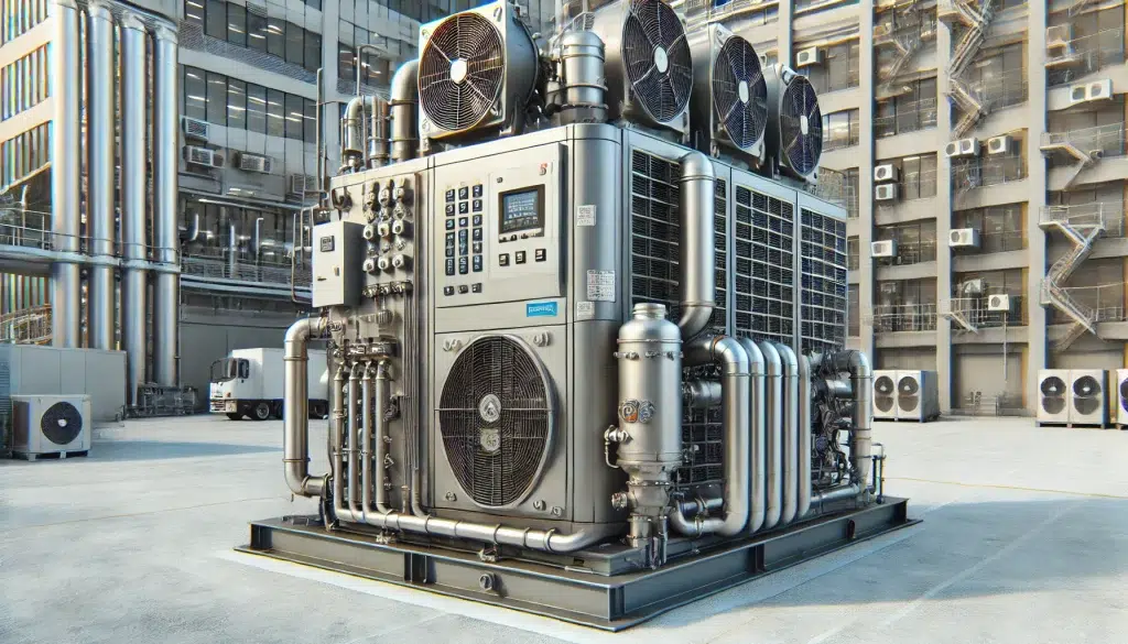 DALL·E 2025 01 22 13.48.15 A detailed and realistic image of an industrial chiller unit in an outdoor setting. The chiller is large, with visible metal pipes, vents, and cooling DALL·E 2025 01 22 13.48.15 A detailed and realistic image of an industrial chiller unit in an outdoor setting. The chiller is large, with visible metal pipes, vents, and cooling
